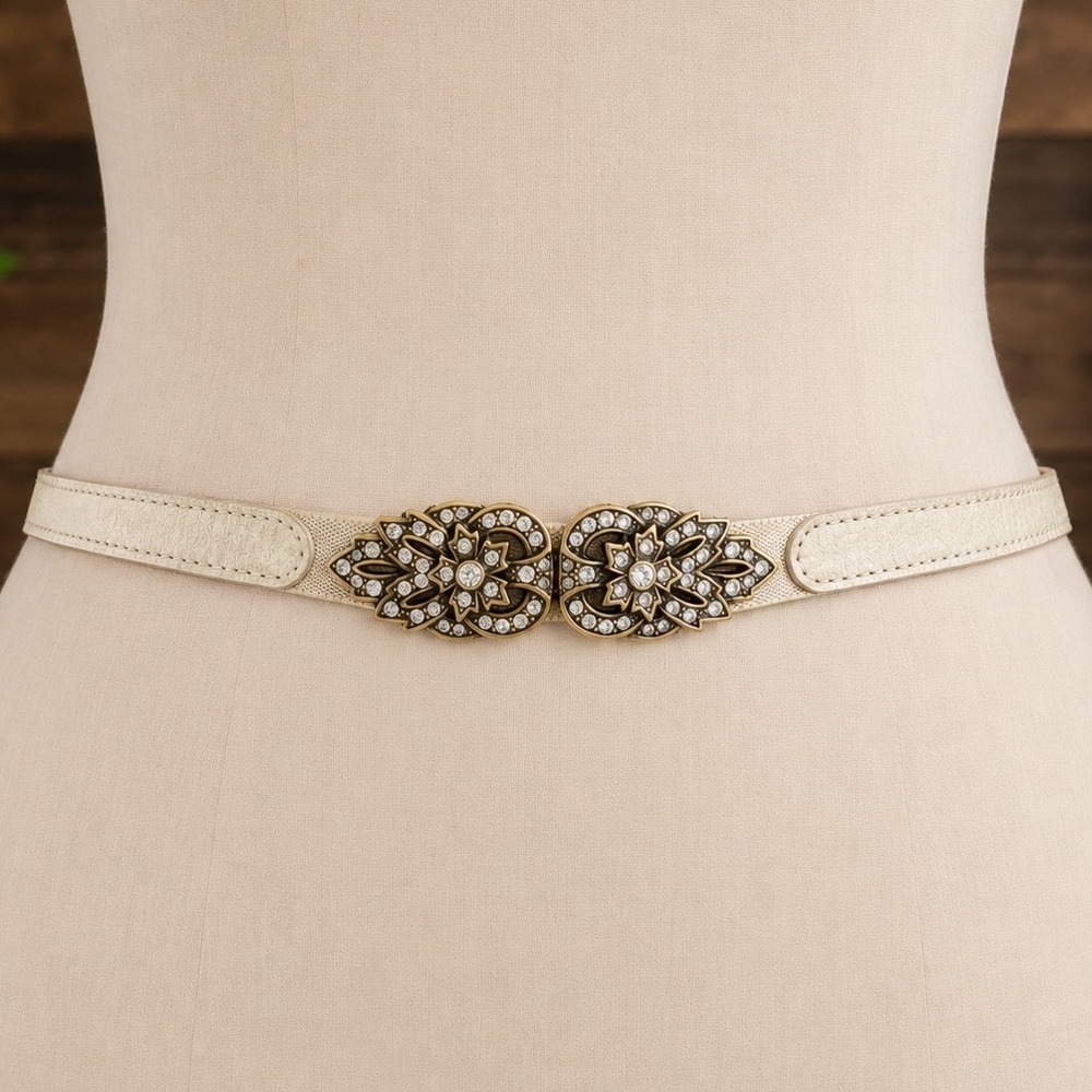 Fossil Women Skinny Cinch Belt Leather Stretch Rhinestone Floral Buckle Glam Y2K